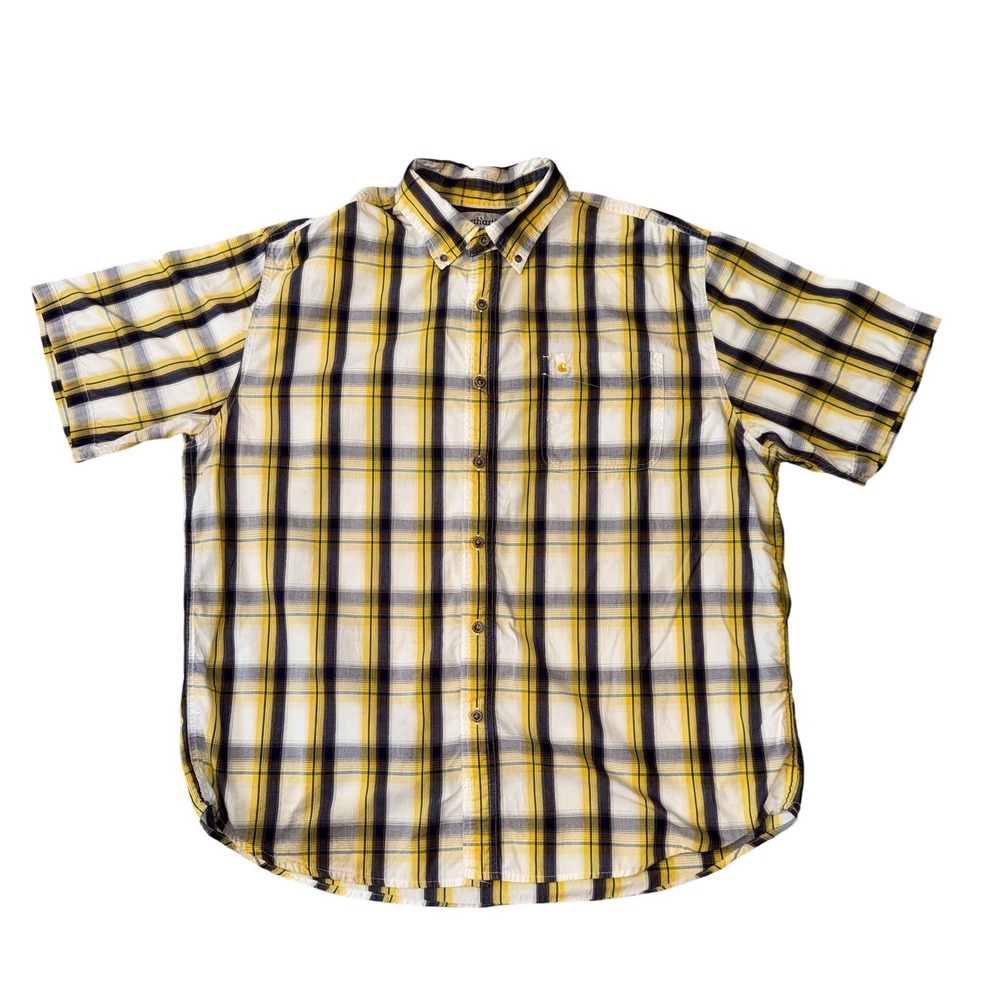 Carhartt Button Down Shirt Mens 2XL Yellow Plaid‎ Short Sleeve Cotton Pocket